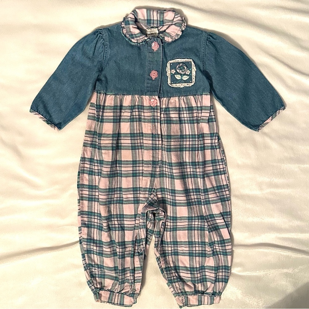 Vintage Denim & Plaid Flannel Romper Jumpsuit Baby Girls 24M Flower blue pink